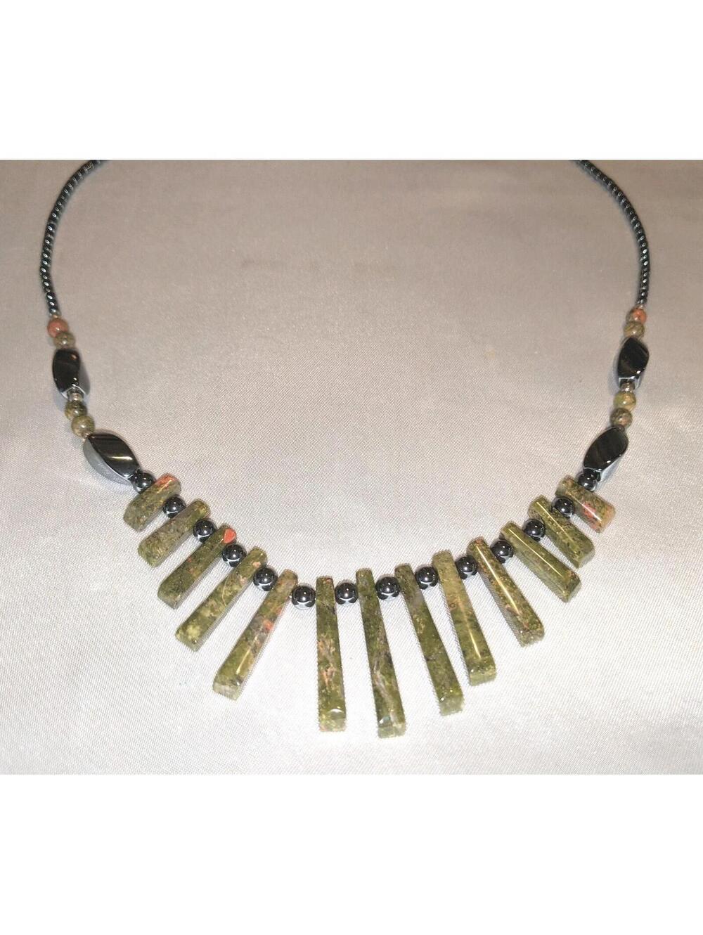 Vintage Unakite Graduated Stick Panel Beads Necklace with Hematite Beads 18"